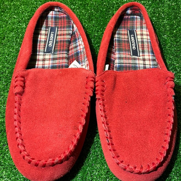 Lands End Red Suede Slippers with Plaid inside 11m - Picture 2 of 4